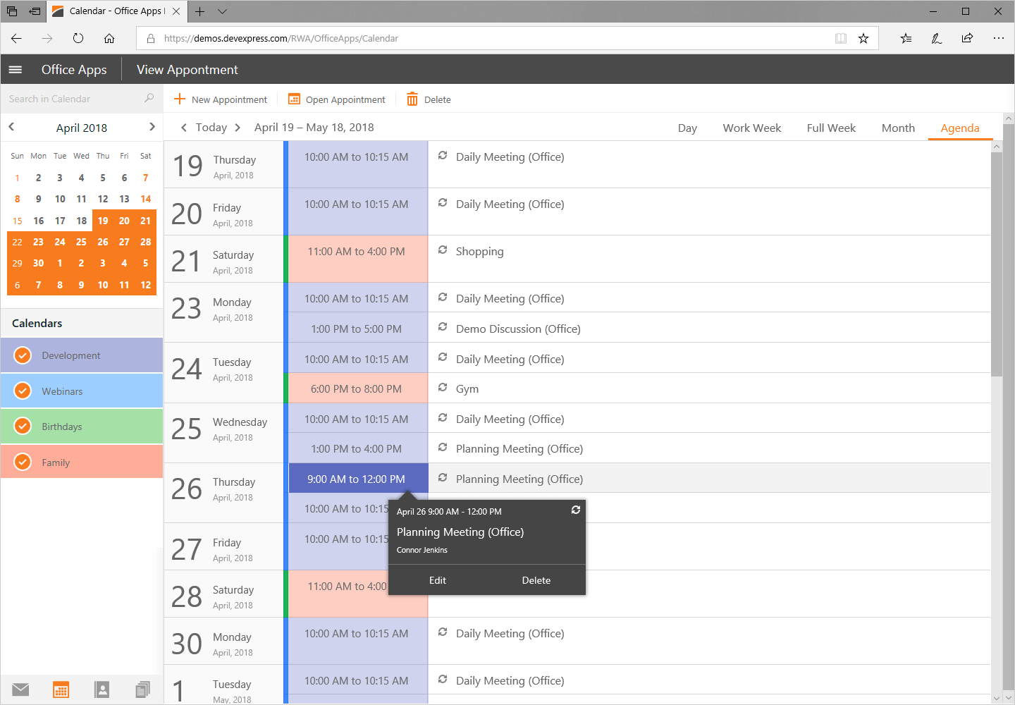 DevExpress ASP.NET Calendar App