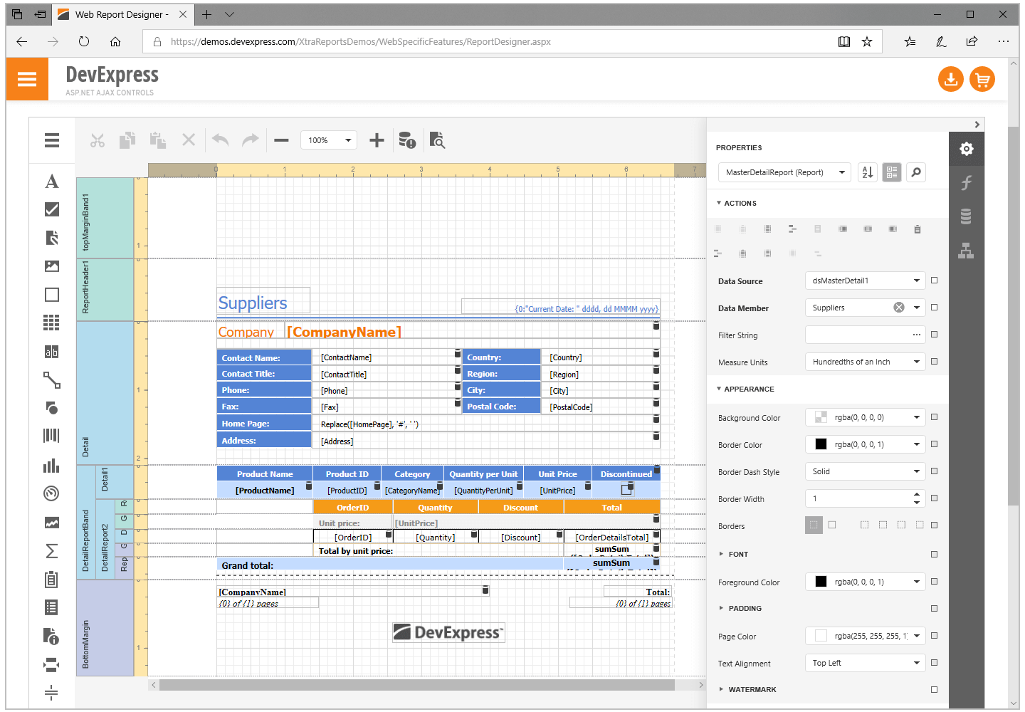 DevExpress Web Reporting User Designer